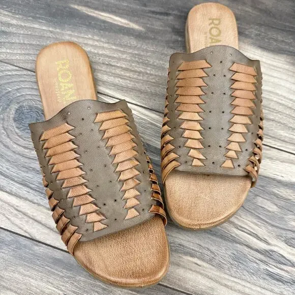 NIB Roan Bed Stu Chastity 7 37 Leather Huarache Slide Flat Sandals Almond Oats - Picture 4 of 11